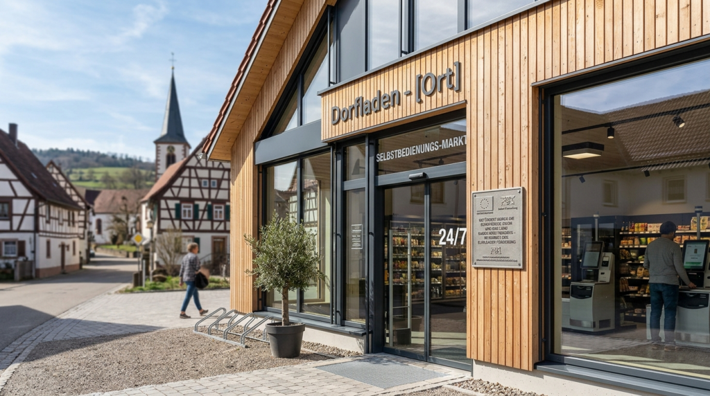 Moderner 24/7 Dorfladen mit Holzfassade: Ein Smart Store für die Nahversorgung ländlicher Raum.