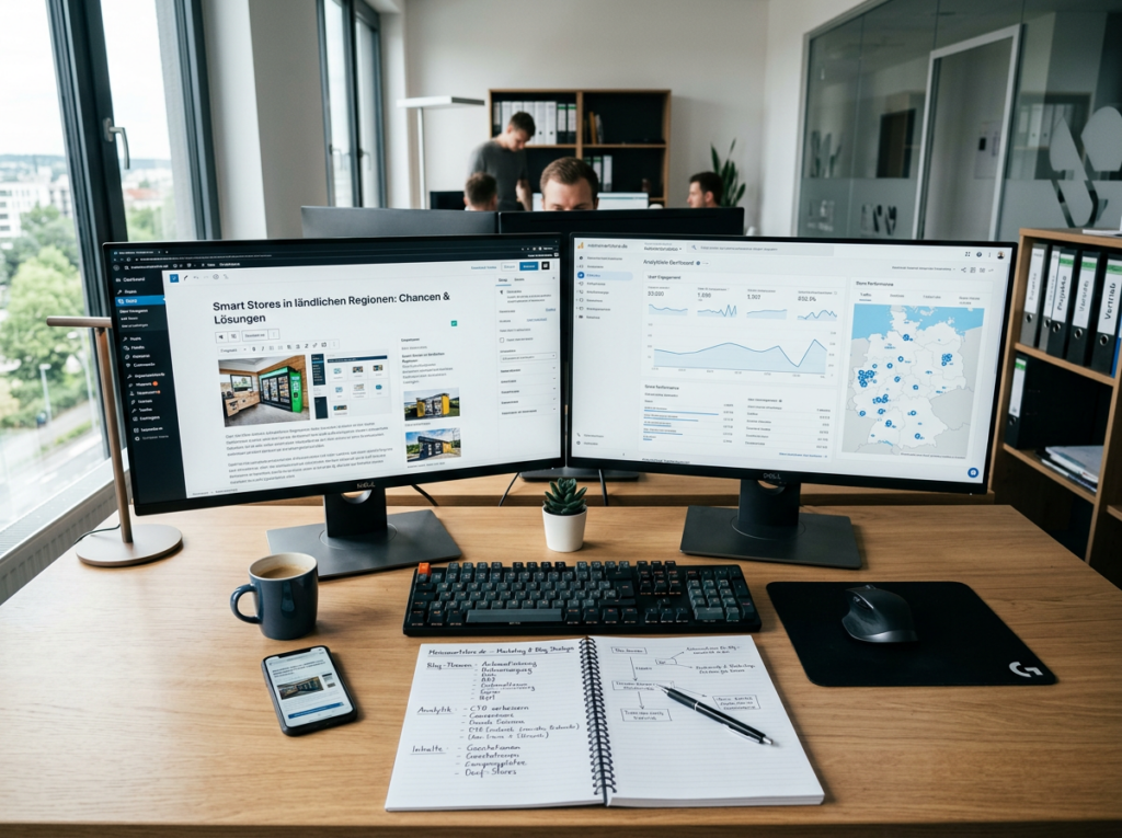 Desk Research am PC mit Monitoren für datenbasierte Standortanalyse und Smart Store Planung.