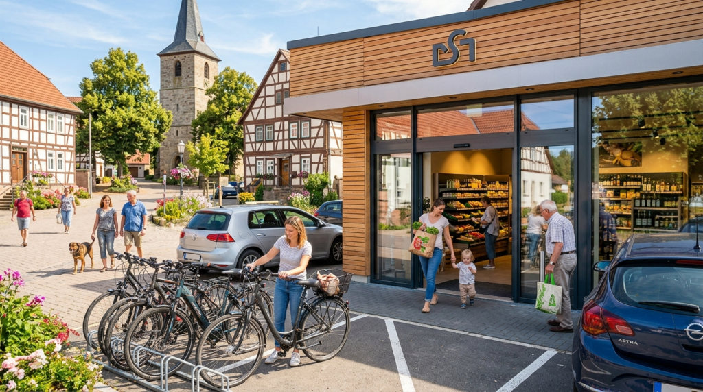 Moderner Dorfsupermarkt als 24/7 Dorfladen: Menschen beim Einkaufen im ländlichen Smart Store mit Fachwerkkulisse.