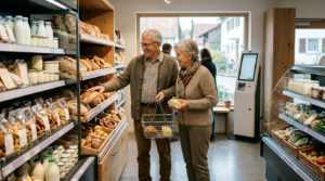 Nahversorgung ländlich: Ein hybrider Dorfladen bietet Self-Checkout Senioren beim entspannten Einkauf von frischen Backwaren.
