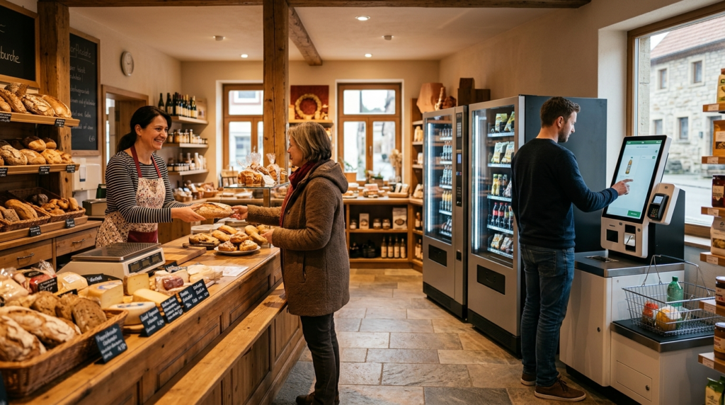 Ein hybrider Dorfladen kombiniert persönliche Bedienung mit Self-Checkout-Technik für ein modernes Smart Store Konzept.