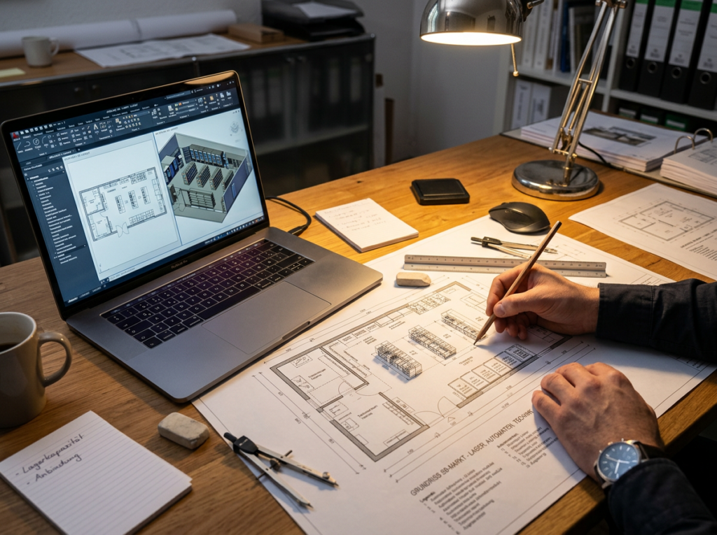 Laptop mit digitalem Ladenlayout und Person bei der Konzeptentwicklung und Flächenplanung auf einem Papiergrundriss.