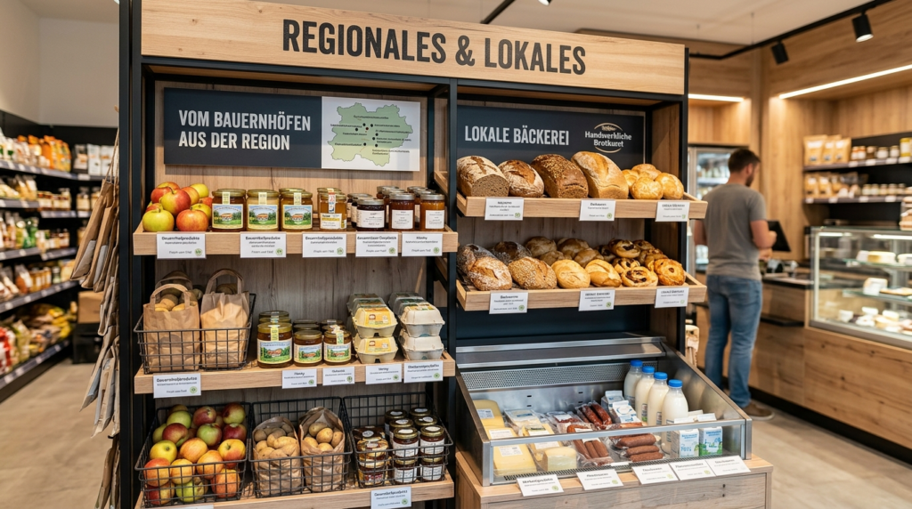 Regionale Produkte im Supermarktregal: Frisches Brot der lokale Bäckerei, Äpfel, Marmelade und Milch.