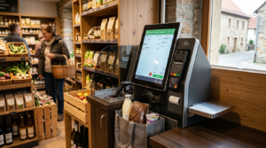 Moderne Self-Checkout Kasse in einem SB-Hofladen, der regionale Produkte rund um die Uhr verkauft.