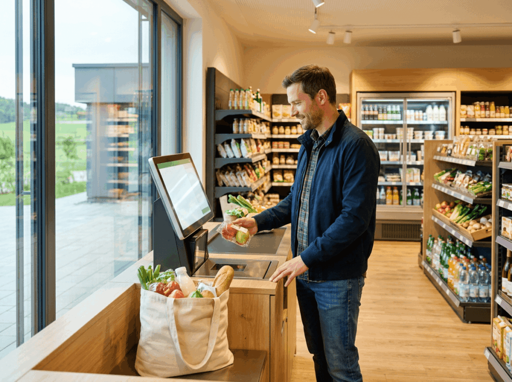 Mann nutzt eine Self-Checkout-Kasse in einem modernen SB-Dorfladen, ein innovativer Smart Store zur Nahversorgung.