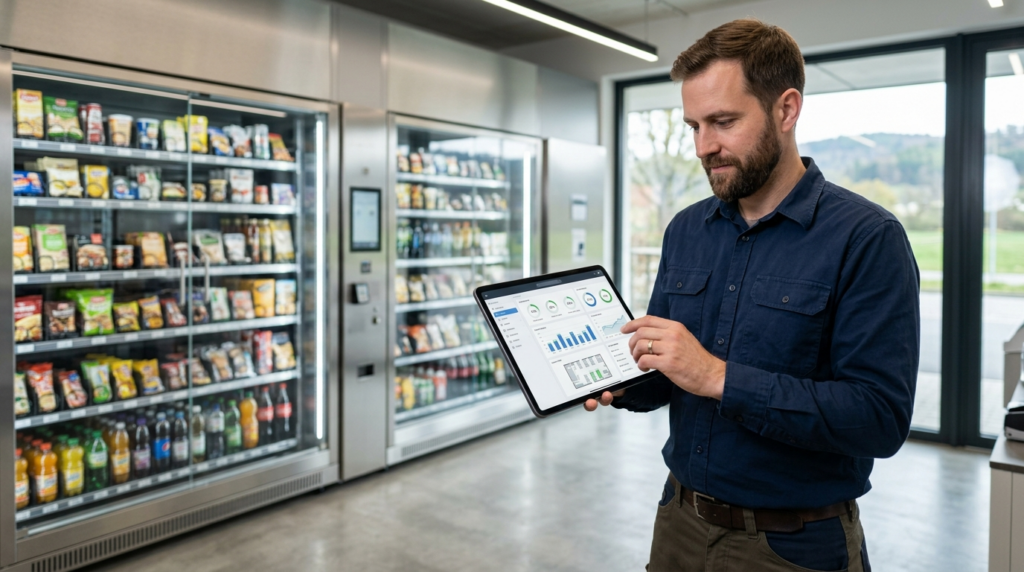 Mann nutzt Tablet für Smart-Store-Management. Ein unbemannter Supermarkt bietet ein modernes, digitales Einkaufserlebnis.