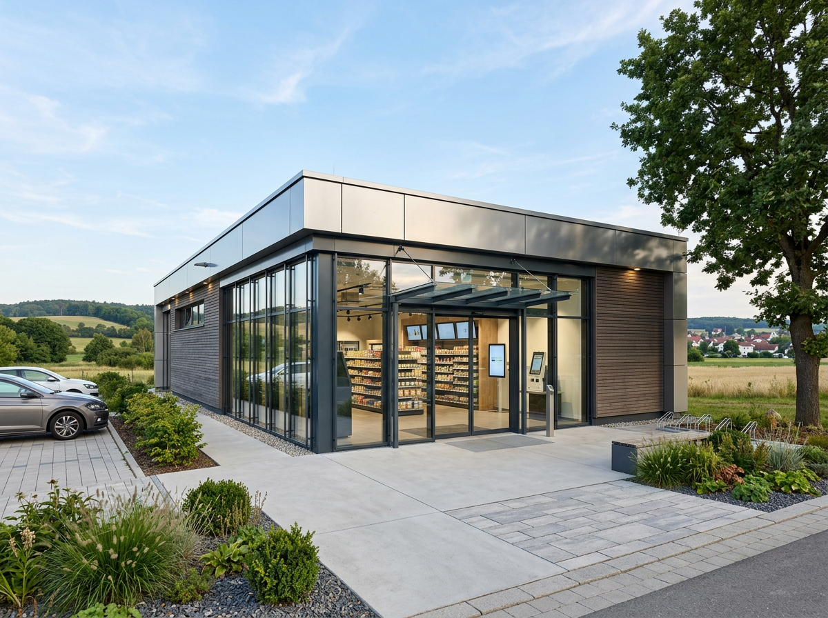 Moderner Smart Store als SB-Dorfladen mit großen Glasfronten, ein automatisierter 24/7 Supermarkt auf dem Land.