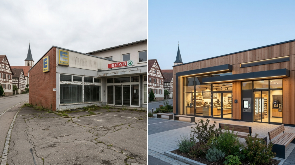 Verlassener Supermarkt wird zum modernen Smart Store: Ein neuer SB-Dorfladen sichert die 24/7 Nahversorgung.