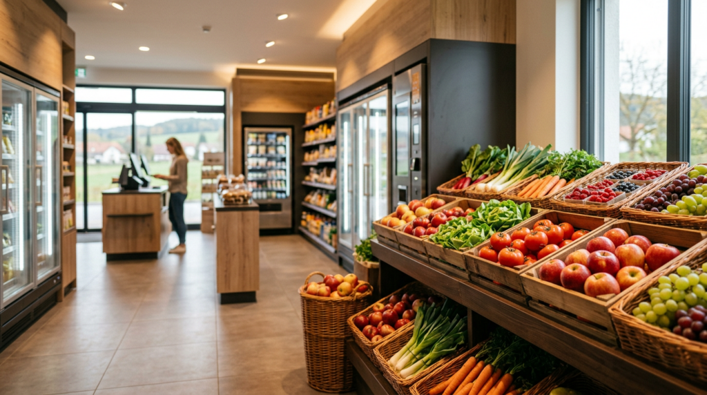 Moderner Smart Store und SB-Hofladen mit frischem Obst und Gemüse, Kundin am Self-Checkout im Hintergrund.
