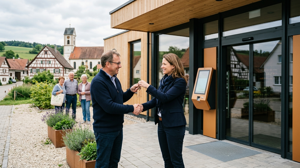 Schlüsselübergabe für neuen Smart Store sichert ländliche Nahversorgung im idyllischen Dorf