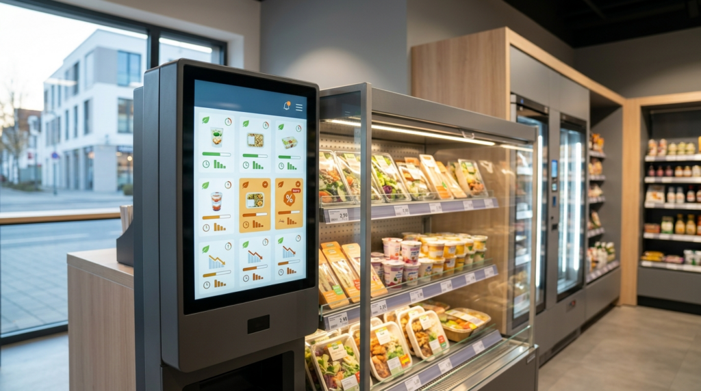 Modernes Self-Checkout Terminal in einem Smart Store für digitale Nahversorgung mit vollen Kühlregalen.